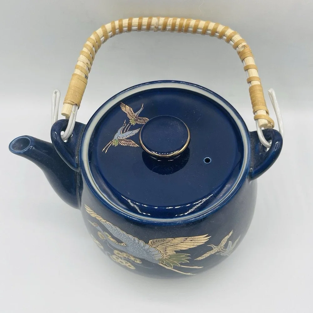 Vintage Japanese Cobalt Blue Tea Set With Gold Peacock Design - Teapot W/ 4 Cups